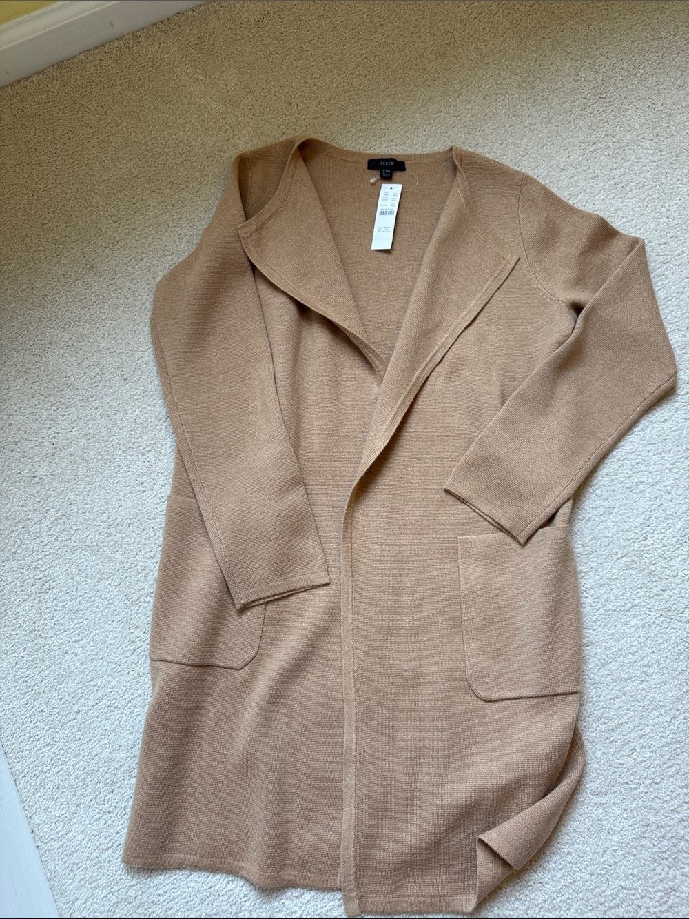 J Crew Juliette long Camel Cardigan with Patch Pockets